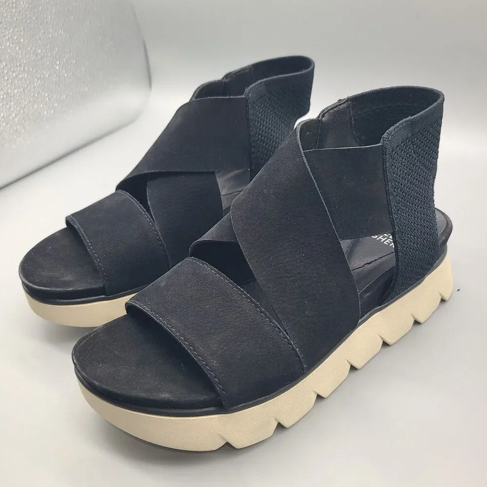 Eileen Fisher Chant  Black Leather/ Mesh Platform Wedge Sandal Sz 7.5 floor pair